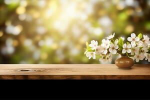 printemps Contexte avec blanc fleurs et rayons de soleil dans de face de une en bois tableau. génératif ai. photo