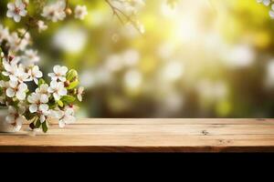 printemps Contexte avec blanc fleurs et rayons de soleil dans de face de une en bois tableau. génératif ai. photo