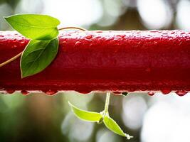 vert chèvrefeuille feuilles sur le rouge balustrade dans le pluie photo