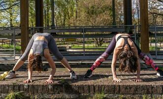 magnifique mature femmes Faire poids des exercices sur une brique pont en plein air photo