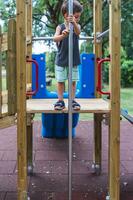 mignonne peu garçon avoir amusement escalade une en bois structure dans une terrain de jeux photo