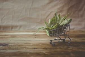 cannabis feuilles dans le achats Chariot. drogue achats, marihuana légalisation, drogue affaires concept photo