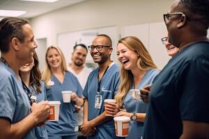 groupe de infirmières parlant et en riant dans hôpital. génératif ai photo