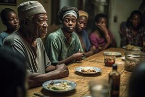 groupe profiter une repas ensemble à une tableau. génératif ai photo