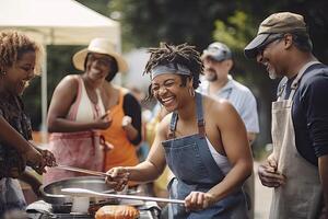 groupe cuisine nourriture à un Extérieur barbecue. génératif ai photo