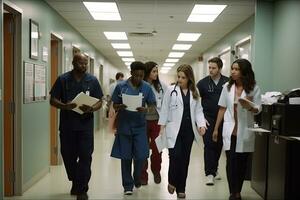 médecins en marchant dans hôpital couloir. génératif ai photo