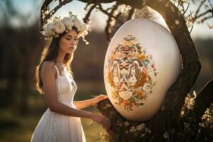 Jeune femme dans blanc robe en portant œuf. génératif ai photo