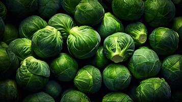 réaliste photo de une bouquet de Bruxelles choux. Haut vue des légumes paysage. ai généré