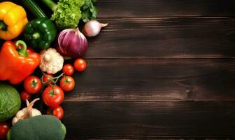 des légumes sur vieux bois table Contexte. Haut voir. végétarien biologique nourriture bannière. établi par ai outils photo