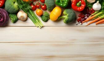 Haut vue des légumes sur lumière bois Contexte. copie espace. végétarien biologique nourriture bannière. établi par ai outils photo