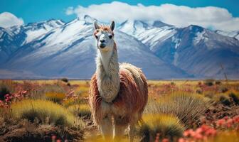 fermer lama des stands grand dans une vaste bolivien champ. établi par ai photo