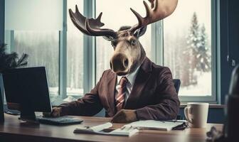 dans une vibrant bureau, une homme dans une élan costume travaux en toute confiance. établi par ai photo