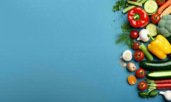 Haut vue des légumes sur Profond bleu Contexte. végétarien biologique nourriture bannière. établi par ai outils photo