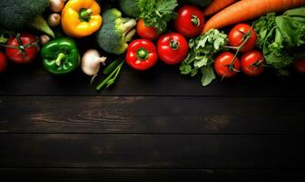 des légumes sur noir bois Contexte. végétarien biologique nourriture bannière. cuisine ingrédient. établi par ai outils photo