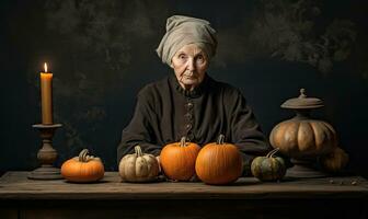 personnes âgées femme avec une turban, entouré par citrouilles. établi par ai photo