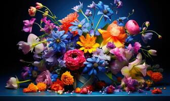 encore la vie de fleurs. vibrant bouquet de fleurs sauvages dans une vase sur une tableau. ai génératif photo