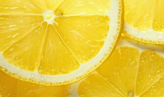 macro coup de tranché citrons avec brillant l'eau gouttelettes. ai génératif photo