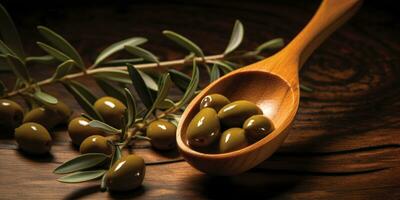 Frais Olives dans une cuillère avec égouttage huile. ai génératif photo