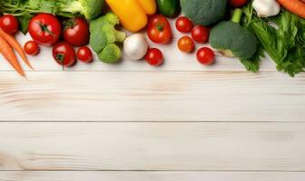 Haut vue des légumes sur lumière bois Contexte. ai génératif photo