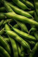 réaliste photo de une bouquet de vert haricots. Haut vue des légumes paysage. ai généré