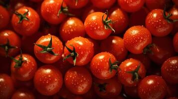 réaliste photo de une bouquet de Cerise tomate. Haut vue des légumes paysage. ai généré