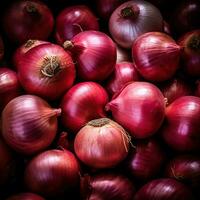 réaliste photo de une bouquet de rouge oignon. Haut vue des légumes paysage. ai généré