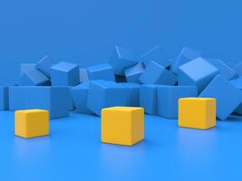 Trois Jaune cubes supporter en dehors sur une bleu Contexte rempli avec bleu cubes - abstrait Contexte photo