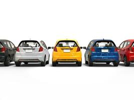 moderne compact électrique voitures dans divers couleurs - retour vue photo