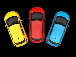 moderne électrique éco voitures dans jaune, bleu et rouge - Haut vue - 3d rendre photo