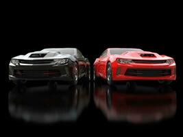 noir et rouge moderne muscle voitures sur noir réfléchissant Contexte - de face vue - 3d illustration photo