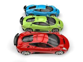 rouge, vert et bleu élégant des sports voitures - Haut vers le bas côté vue photo