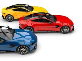 rouge, bleu et Jaune moderne électrique des sports voitures courses - côté coup photo