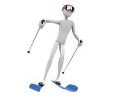 blanc skieur personnage avec rouge des lunettes de protection et bleu des skis - de face vue photo