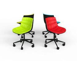 vert et rouge Bureau chaises sur blanc Contexte. photo