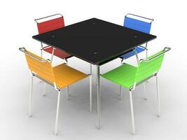 petit noir à manger table avec coloré chaises - sur blanc Contexte - 3d rendre photo