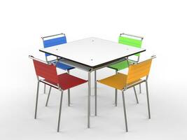 blanc table avec coloré chaises - sur blanc Contexte -3d rendre photo