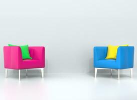 rose et bleu les fauteuils avec vert et Jaune oreillers dans le vivant pièce photo