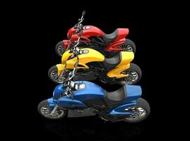 des sports motocyclettes - rouge Jaune et bleu - isolé sur noir Contexte photo