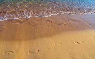 empreintes dans le le sable sur le vide sablonneux plage - petit mousseux vague et clair bleu l'eau photo