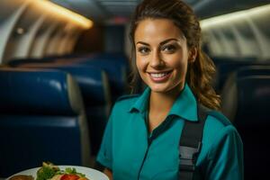 vol préposé portion une repas sur un avion photo