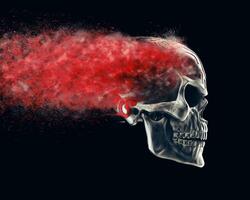 métal crâne éclatement dans des millions de rouge particules photo