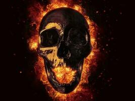 noir en hurlant crâne englouti dans flammes et Feu - 3d illustration photo