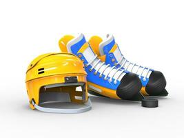 Jaune le hockey casque, bleu et Jaune bleu le hockey patins - isolé sur blanc Contexte photo