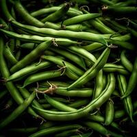 réaliste photo de une bouquet de vert haricots. Haut vue des légumes paysage. ai généré