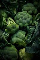 réaliste photo de une bouquet de brocoli. Haut vue des légumes paysage. ai généré