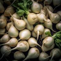 réaliste photo de une bouquet de blanc un radis. Haut vue des légumes paysage. ai généré