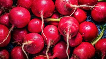 réaliste photo de une bouquet de rouge un radis. Haut vue des légumes paysage. ai généré