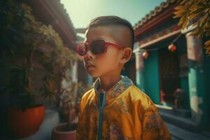 cool élégant chinois garçon marcher. produire ai photo