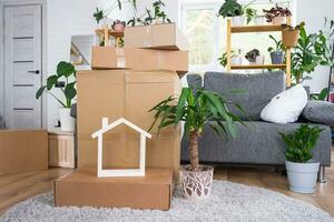 des boites avec des choses pour en mouvement et maison les plantes sont dans le pièce de le Nouveau maison. pendre la crémaillère, famille propriété, cargaison transport et livraison de des choses photo