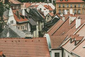 vieux Maisons avec rouge toits et petit les fenêtres pendant une foncé journée photo